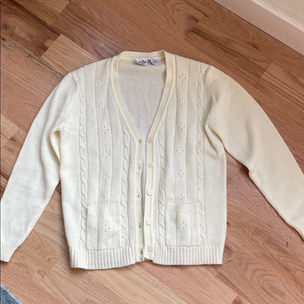 Vintage Cream Cable-Knit Button-Front Cardigan Sweater